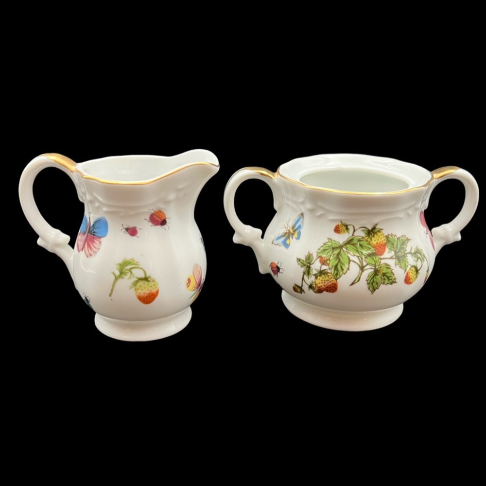 Ardalt Lenwile Royal Crown Spring Time Sugar and Creamer Strawberry Butterflies